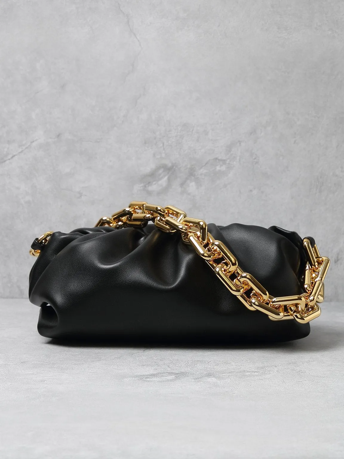 Women's Cloud Clutch Shoulder Bag Ruched Pouch Golden Chunky Chain Bag