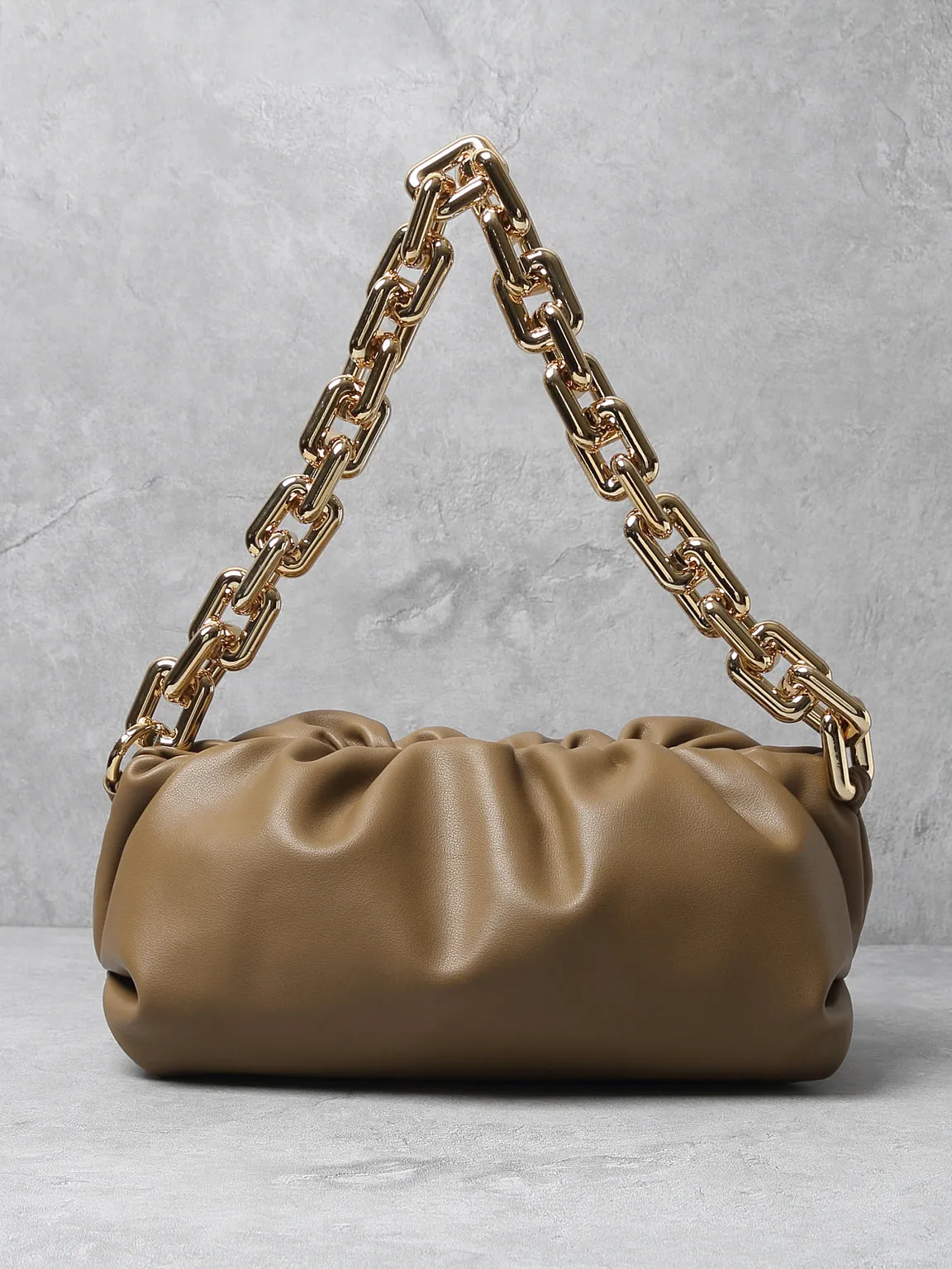 Women's Cloud Clutch Shoulder Bag Ruched Pouch Golden Chunky Chain Bag
