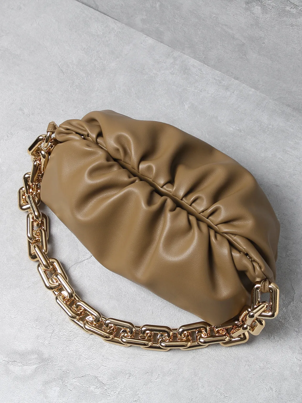 Women's Cloud Clutch Shoulder Bag Ruched Pouch Golden Chunky Chain Bag