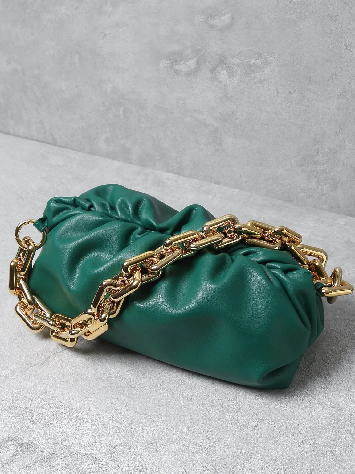 Women's Cloud Clutch Shoulder Bag Ruched Pouch Golden Chunky Chain Bag