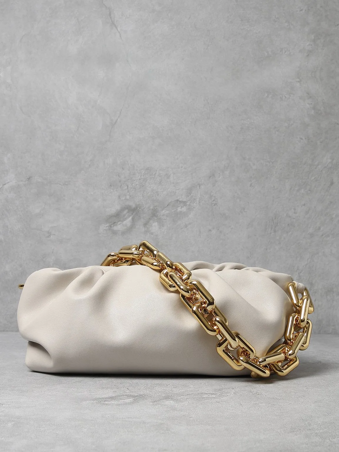 Women's Cloud Clutch Shoulder Bag Ruched Pouch Golden Chunky Chain Bag