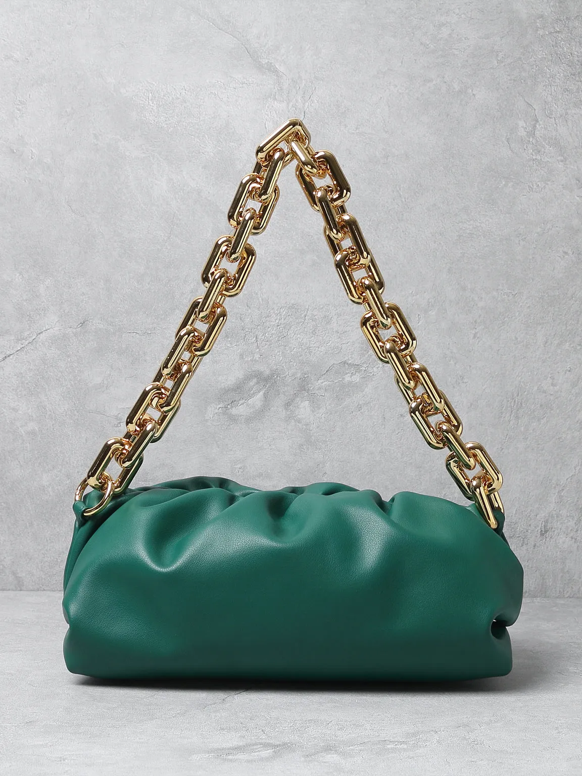 Women's Cloud Clutch Shoulder Bag Ruched Pouch Golden Chunky Chain Bag
