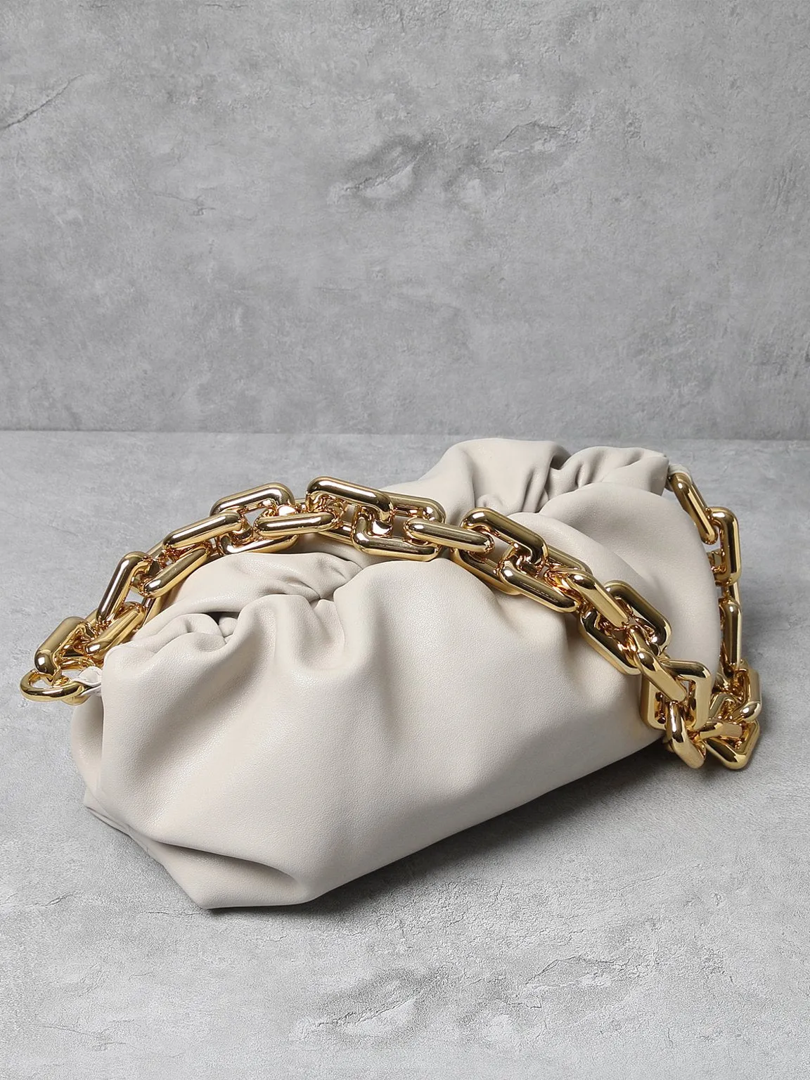 Women's Cloud Clutch Shoulder Bag Ruched Pouch Golden Chunky Chain Bag