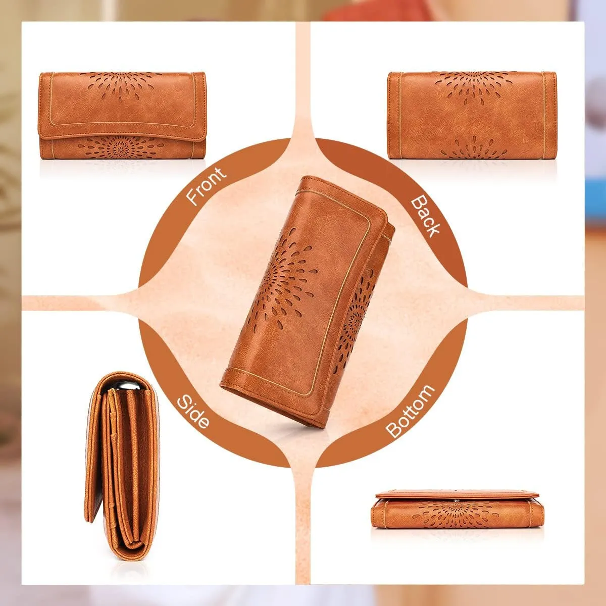 Womens Leather Clutch, Hollow Out Design Trifold Wallet