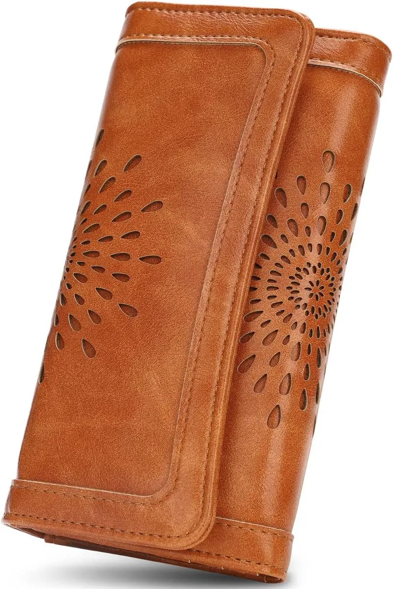 Womens Leather Clutch, Hollow Out Design Trifold Wallet