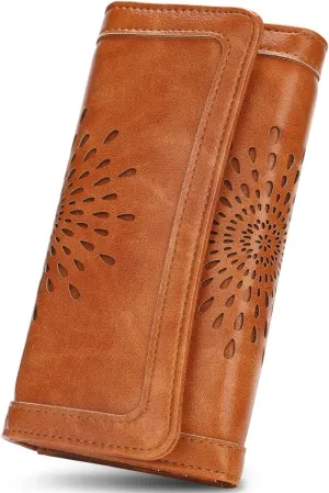 Womens Leather Clutch, Hollow Out Design Trifold Wallet