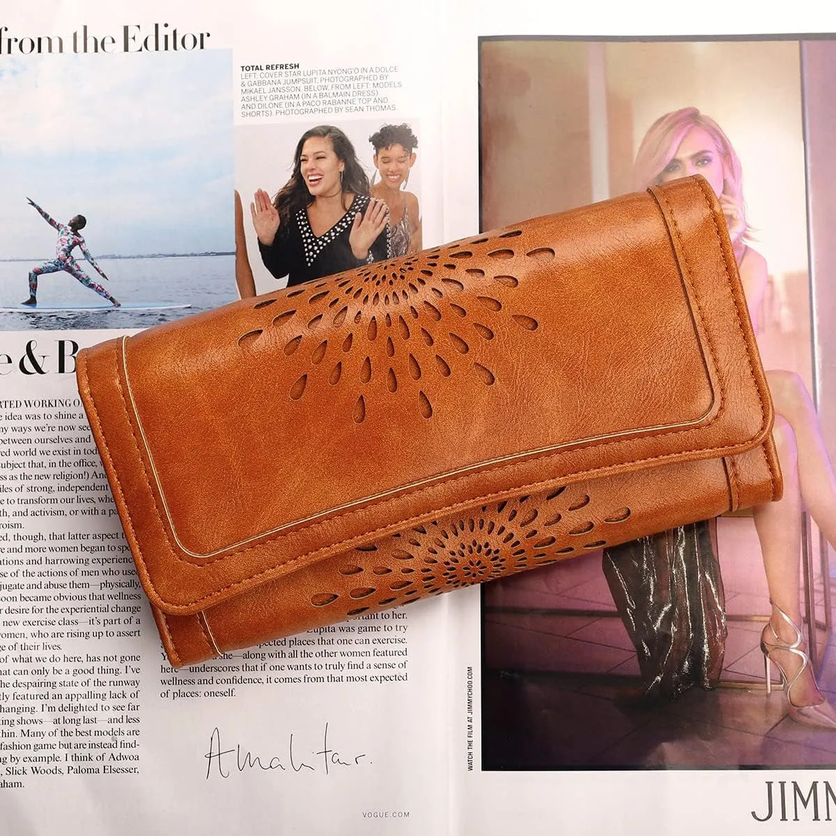 Womens Leather Clutch, Hollow Out Design Trifold Wallet