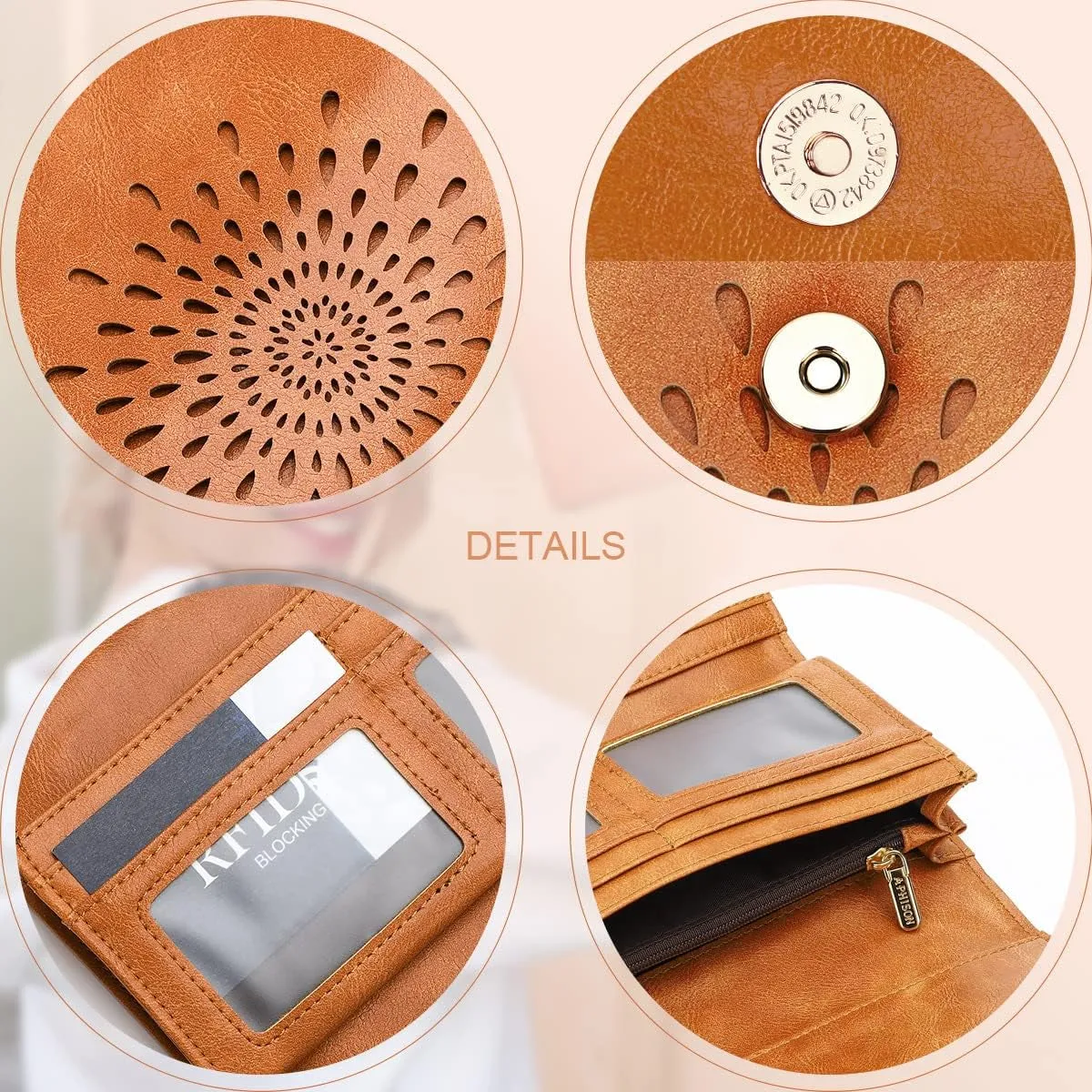 Womens Leather Clutch, Hollow Out Design Trifold Wallet