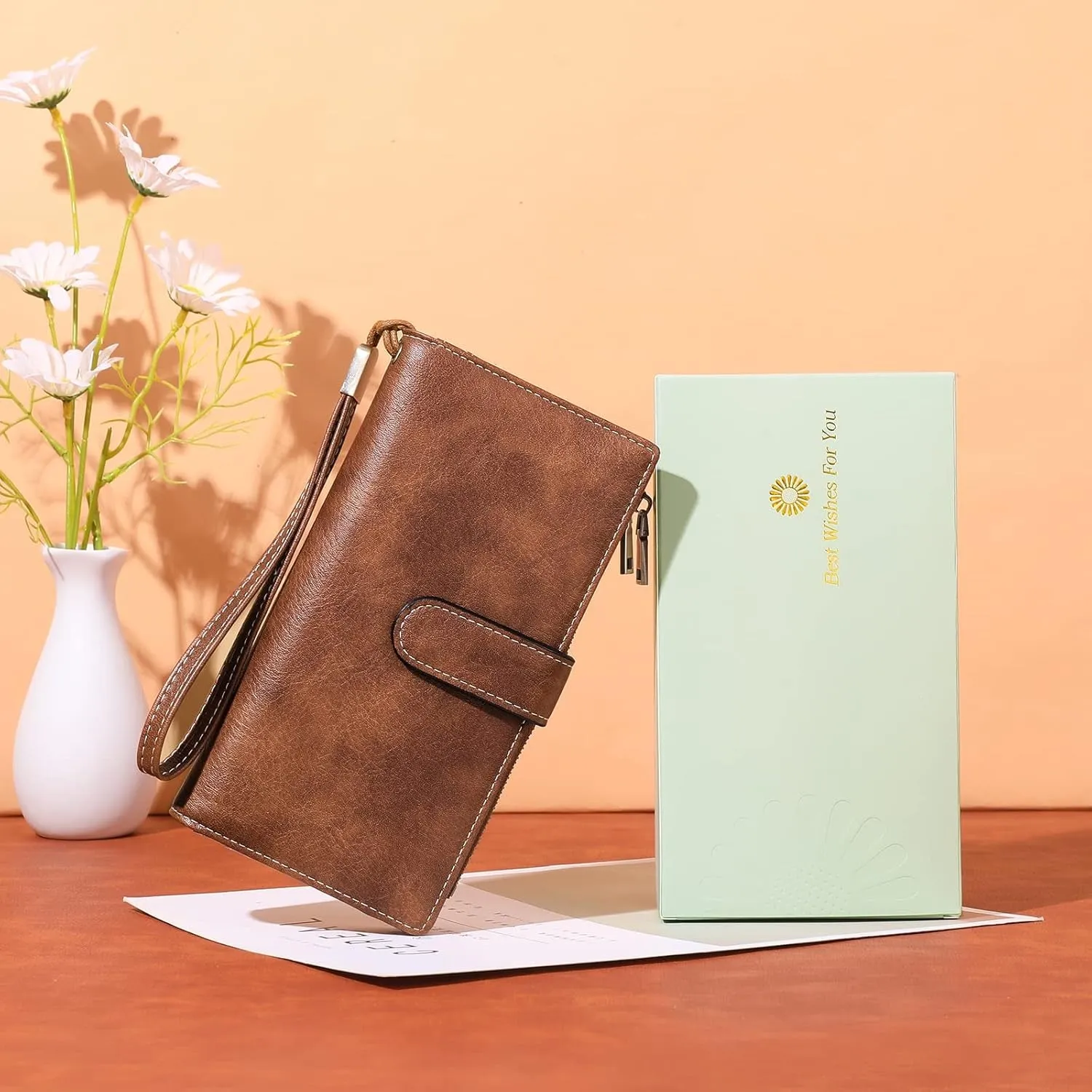 Womens Wristlet Clutch, Double Zipper Pocket Bifold Credit Card Holder