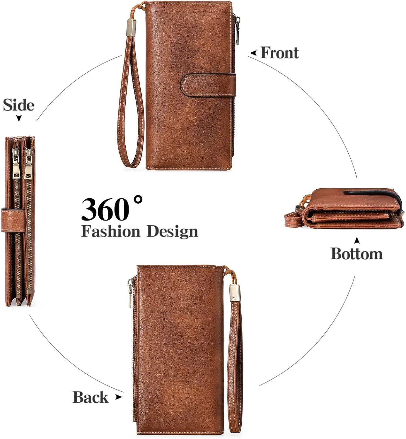Womens Wristlet Clutch, Double Zipper Pocket Bifold Credit Card Holder