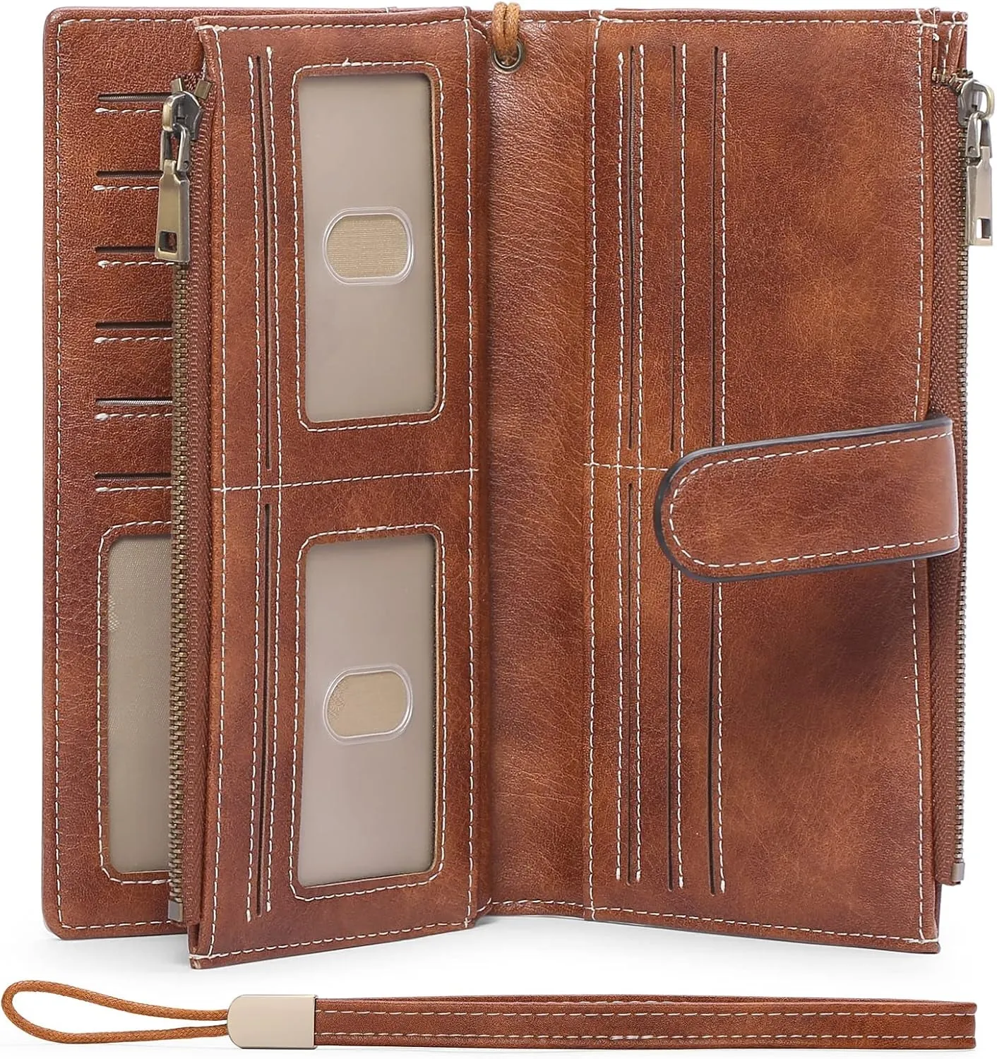 Womens Wristlet Clutch, Double Zipper Pocket Bifold Credit Card Holder