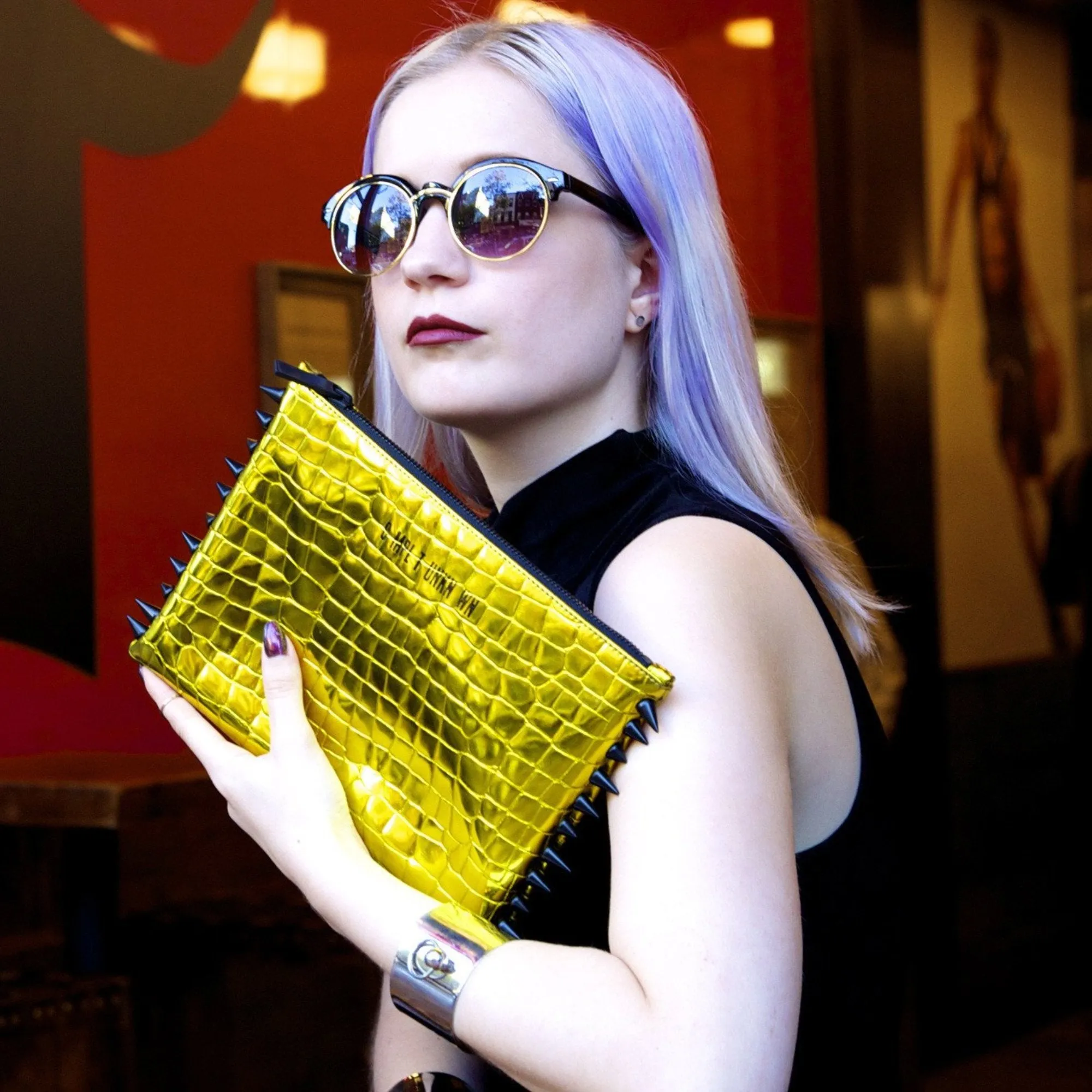 YELLOW CROCO LAME CLUTCH BAG