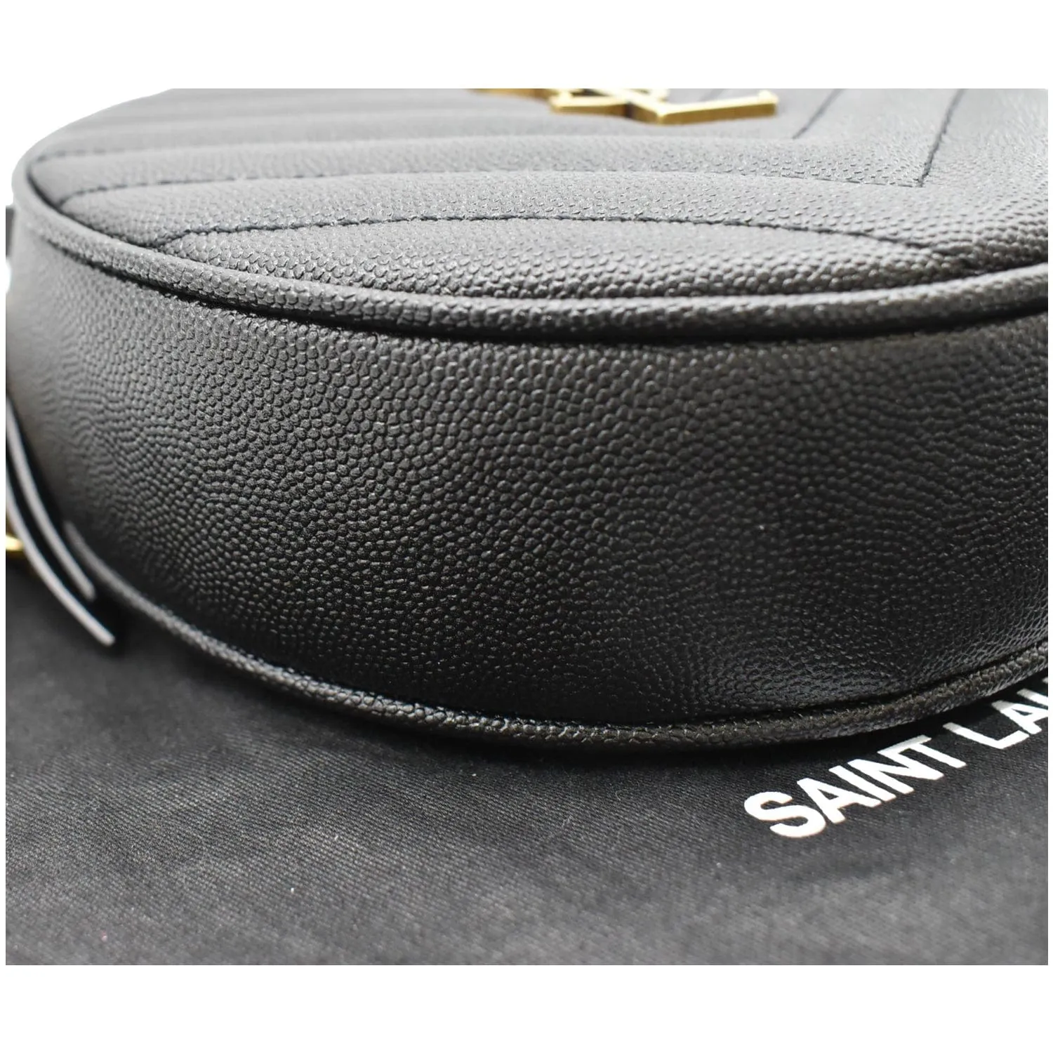 YVES SAINT LAURENT Vinyle Round Chevron Leather Camera Crossbody Bag Black